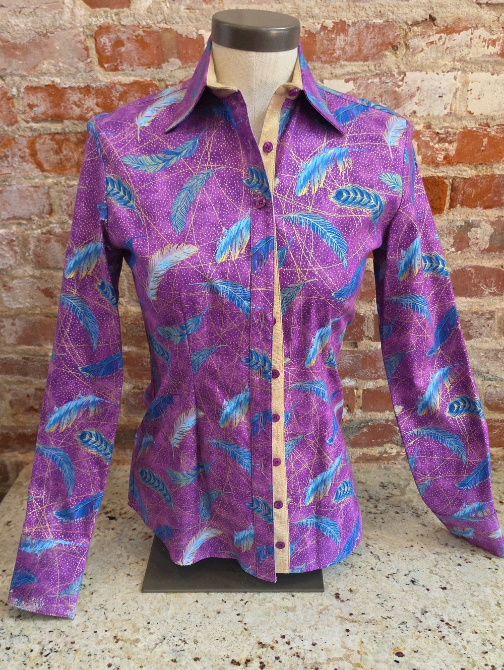 Purple Feather-Print Button-Front Blouse - 1658